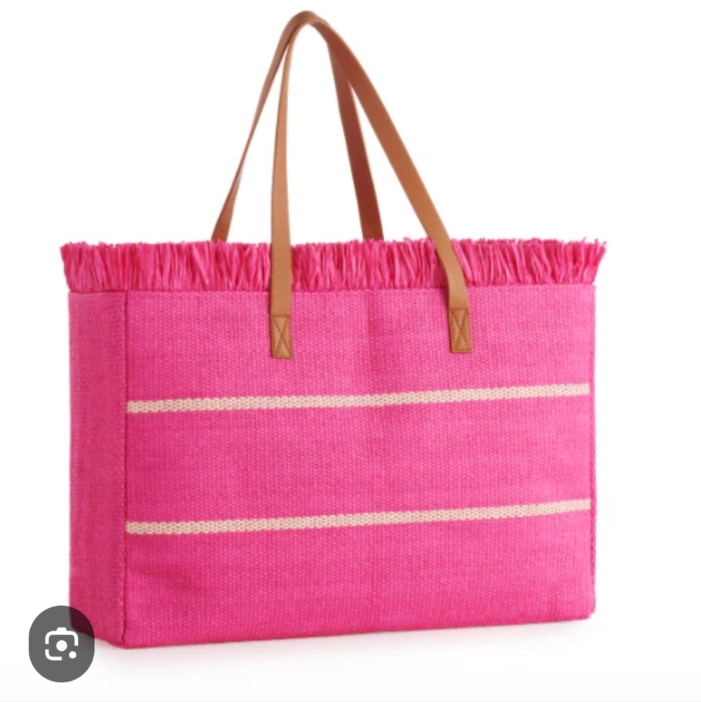 SHIRALEIGH XL Hot Pink Colorful Fringed Straw Tote with Vegan Leather Handles